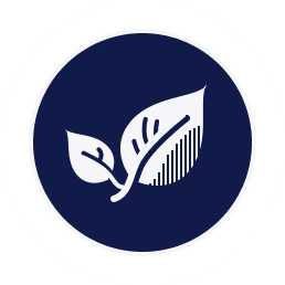 Circular icon with a white leaf design on a blue background